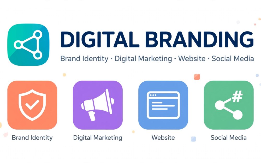 Digital branding elements — brand identity, digital marketing, website and social media