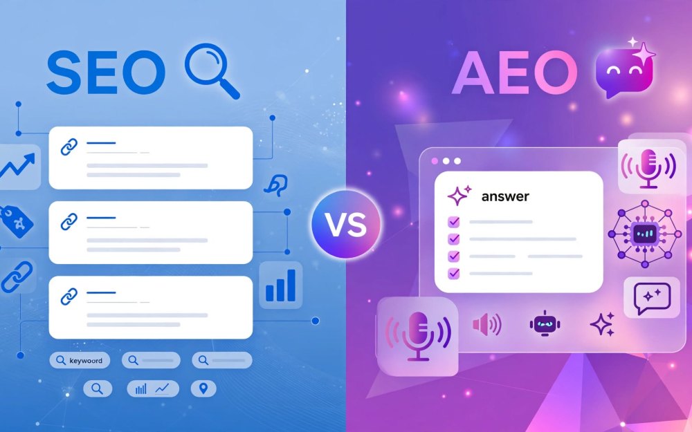 SEO versus AEO comparison — search results ranking against AI answer engines