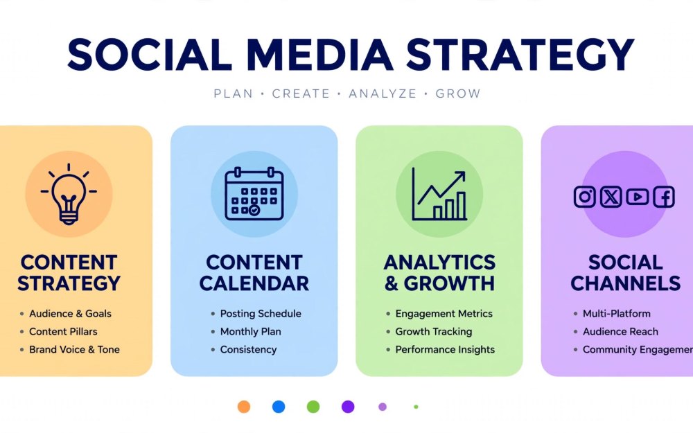 Social media strategy — content strategy, calendar, analytics and channels
